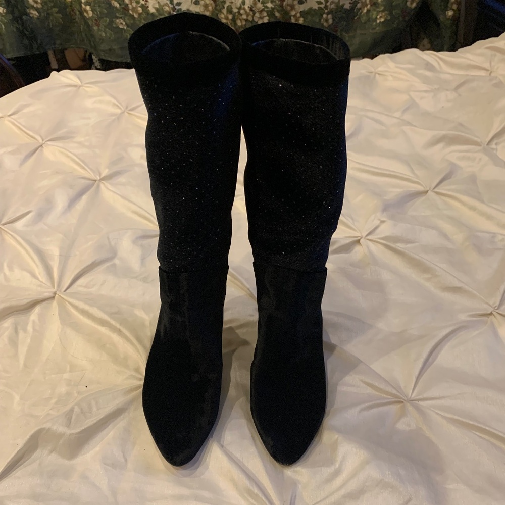 Tamara Mellon Black Velvet Glitter Mid Calf Boots sz 39
